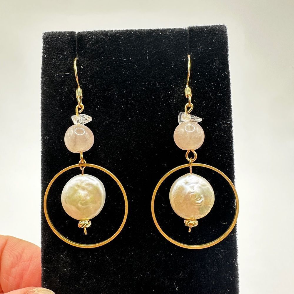 ~2.5" long disk pearl, rose quartz, clear quartz earrings with 925 hooks!